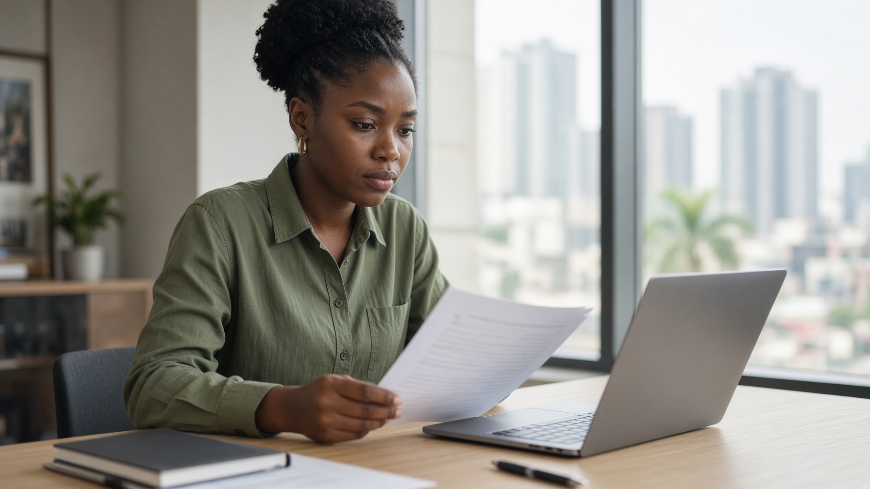 A young professional reviewing an application at a bright desk