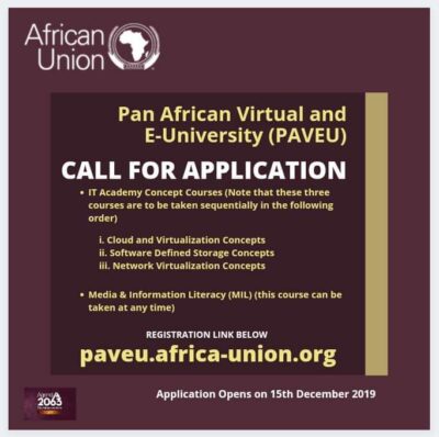 Pan African University Call for Applications for study programs at the Pan African Virtual and E-University (PAVEU)