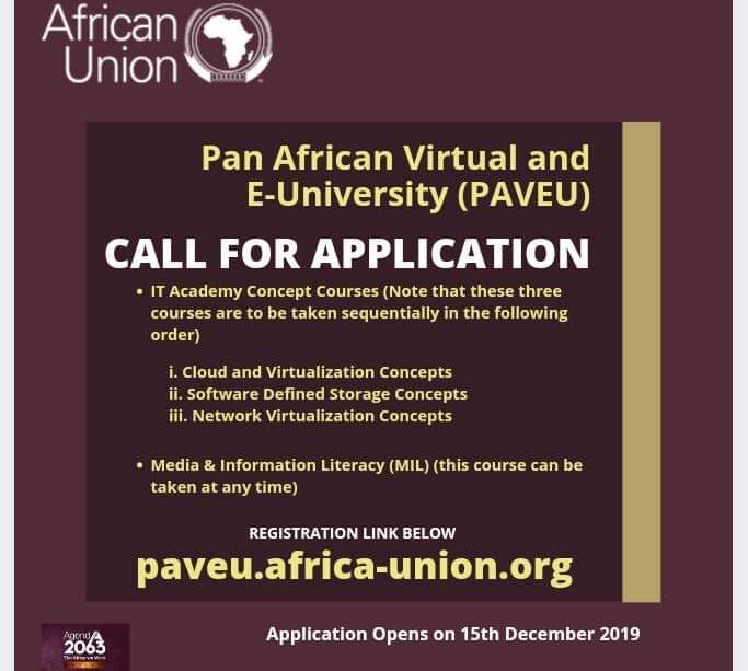 Pan African University Call for Applications for study programs at the Pan African Virtual and E-University (PAVEU)